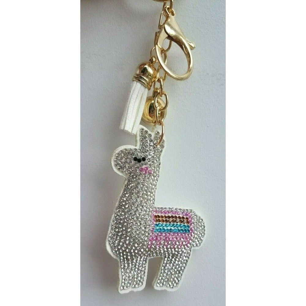 White Llama w/Shiny Rhinestones Gold Charms White Tassel Keychain Key Ring